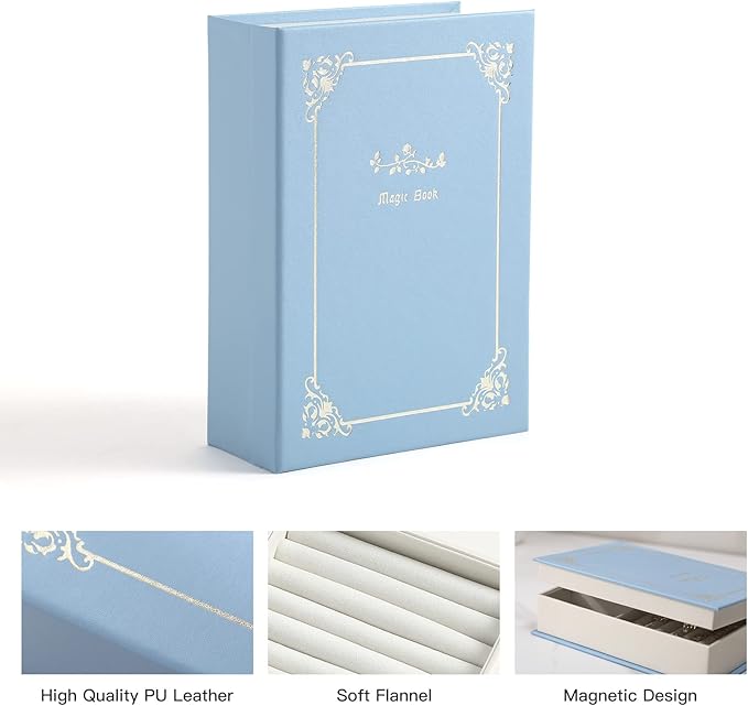 PU Leather Book Jewelry Organizer Box with Magnetic Closure, Stylish Jewelry Box for Women and Girls,Travle Jewelry Case for Rings Necklaces Earring (Blue)