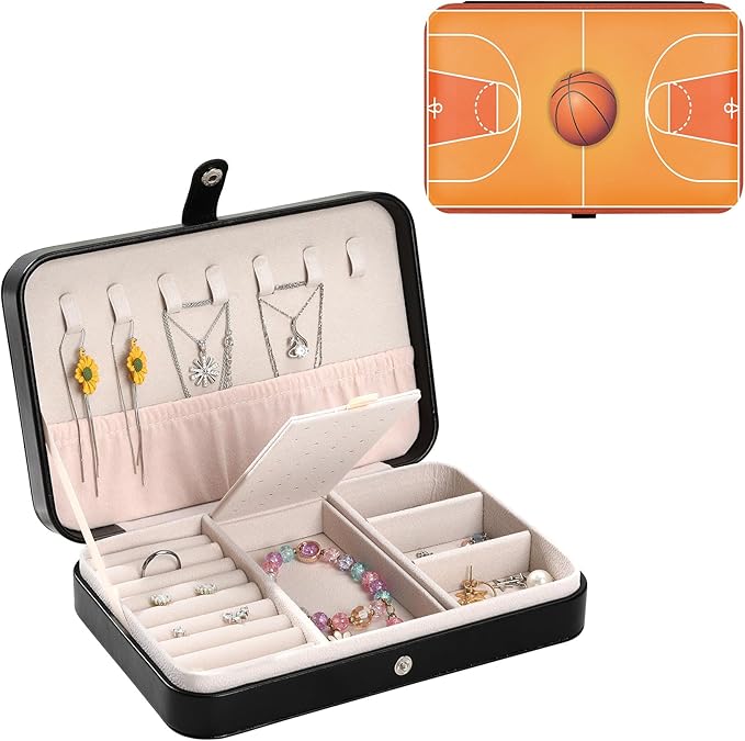 Travel Jewelry Storage Case Jewelry Storage Box Jewellery Organizer Basketball Court Earring Case Travel Ring Holder Necklace Organizer for Men Women Birthday Christmas Gift Basketball Court
