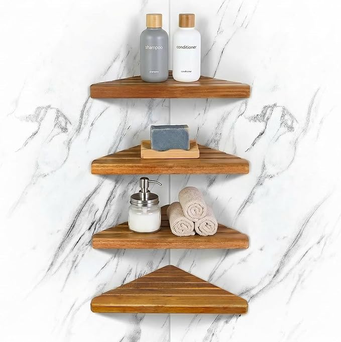ENKEZI Acacia 2,3,4 Tiers Corner Shower Shelf, Triangular Corner Shelf Wooden Bathroom Shelf for Tiled Wall, Shower Corner Shelf, No Drilling Requied (4)