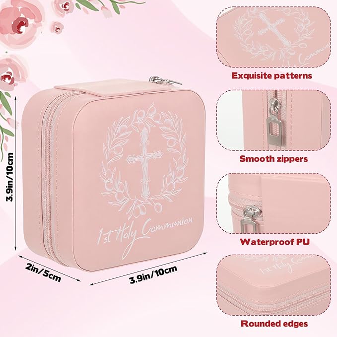 First Communion Travel Jewelry Box, Small Pink Case with Zipper & Soft Lining, Christian Keepsake Organizer for Rings Earrings Necklaces, Religious Keepsake Gift for Girls (1, Pink)