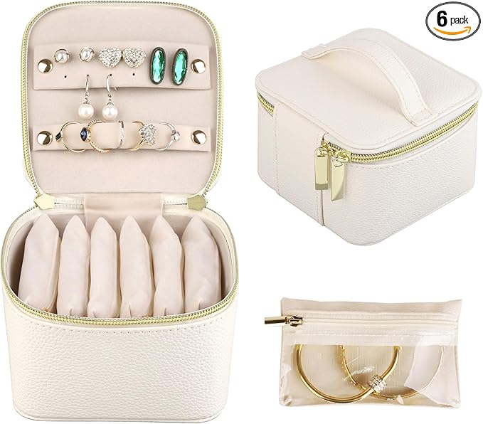 HofferRuffer Jewelry Box Organizer for Women Girls, Travel Jewelry Case with 6 Portable Zipper Bags, Jewelry Storage Ideal for Travel & Home Organization (6pcs-CreamWhite Faux Leather)
