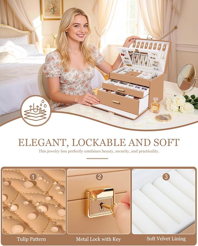 DesignSter Jewelry Box for Women Girl, 3-layer Lockable Jewelry Organizer with Mirror, Large Leather Jewelry Case for Earring Necklace Ring Bracelet Watch