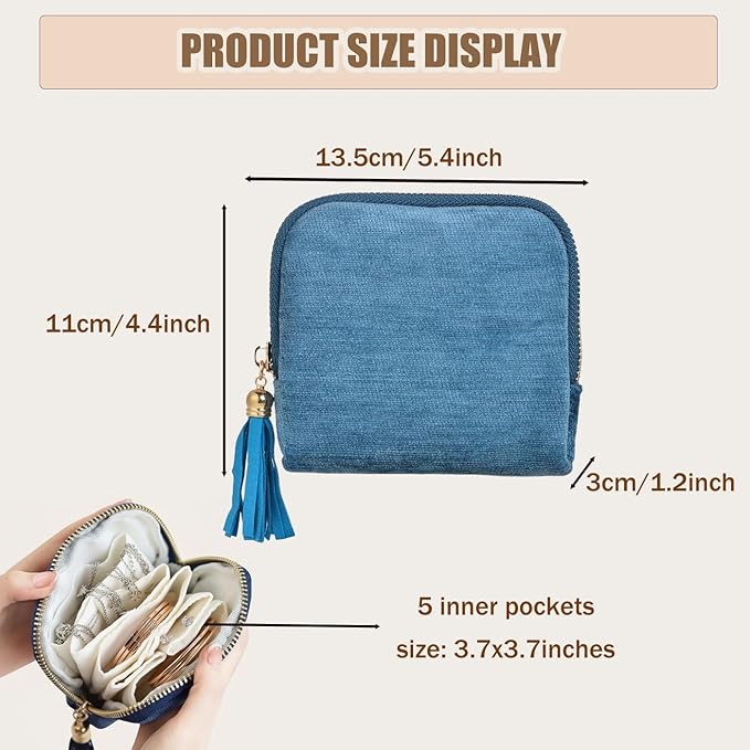 Travel Jewelry Case Organizer for Women - Portable Jewelry Box with 5 Small Pouches, Multi-Compartment Design for Secure Storage, Ideal for Travel, Daily Use (Light blue)