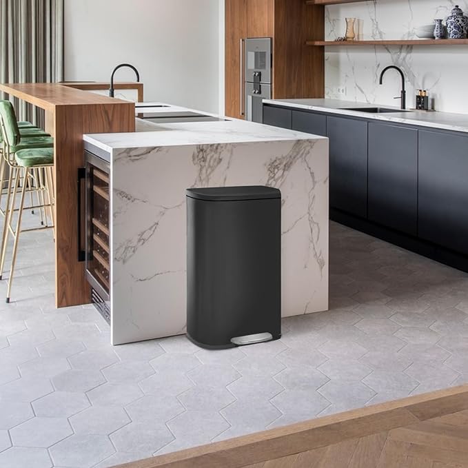 Kitchen Trash Can with Lid for Office Bedroom Bathroom Step Trash Bin Fingerprint-Proof Garbage Bin Brushed Stainless Steel 13 Gallon (Black)