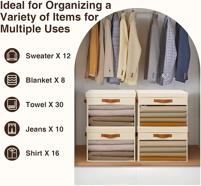 Homsorout Large Storage Bins with Lids - 3 Pack Foldable Decorative Organizers with Clear Windows & Handles, Cube Storage Organizers for Clothes, Blankets, Sweaters, Sheets, Beige