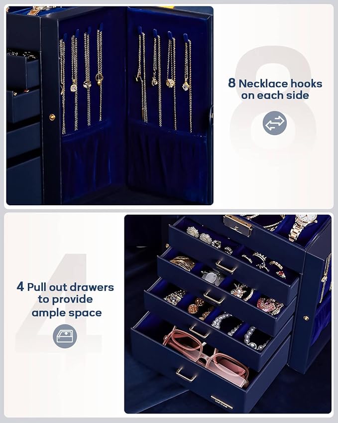 Homde Mothers Day Gifts Synthetic Leather Huge Jewelry Box Mirrored Watch Organizer Necklace Ring Earring Storage Lockable Gift Case (Dark Blue + Gold)