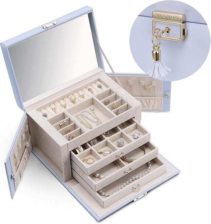 Vlando Lockable Jewelry Box Organizer with Key, 3-Tiered Storage Tray for Necklaces Earrings Rings Bracket Accessories Storage Display, Full HD-Mirror, Purple