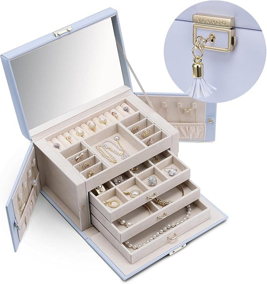 Vlando Lockable Jewelry Box Organizer with Key, 3-Tiered Storage Tray for Necklaces Earrings Rings Bracket Accessories Storage Display, Full HD-Mirror, Purple