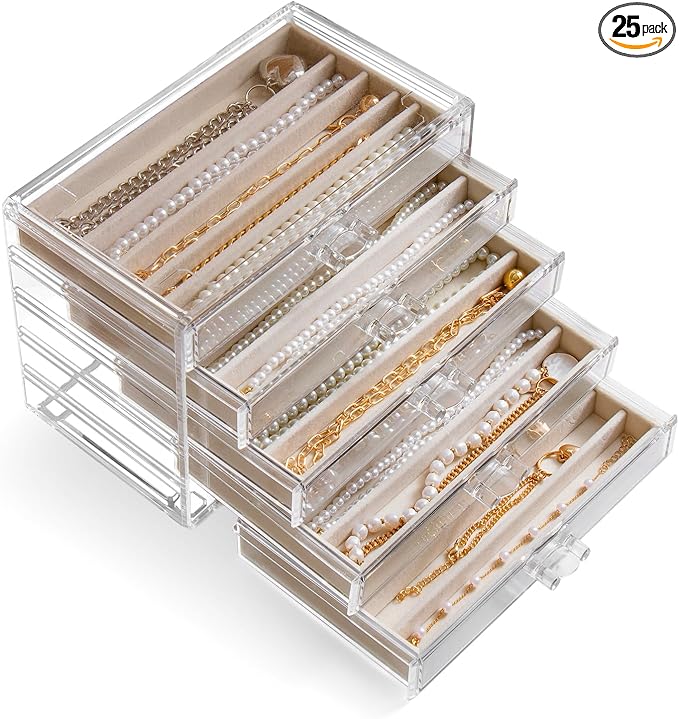 YUFONG Necklace Holder Organizer, Dustproof Necklace Box Velvet Necklace Organizer Box with Lid Clear Acrylic Dustproof Stackable Jewelry Displays for Necklaces Chain Display (Beige, 5 Drawer)