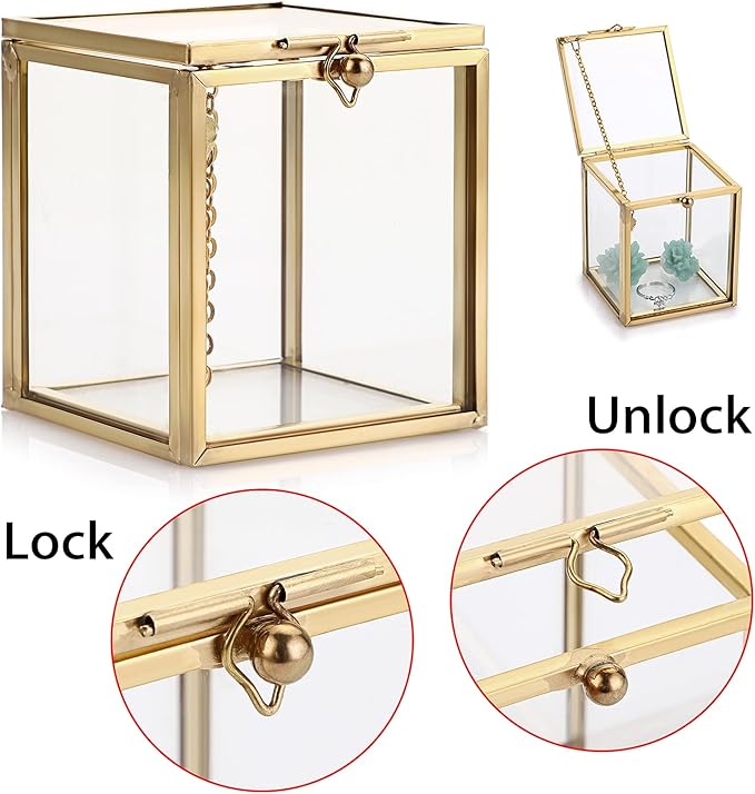 Hipiwe 2 Packs Vintage Glass Jewelry Organizer Box - Small Golden Metal Keepsake Box Desktop Jewelry Organizer Holder, Wedding Birthday Gift, Square Vanity Decorative Box for Dresser Bathroom