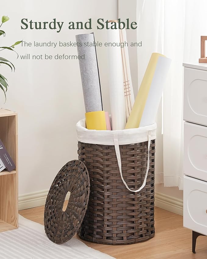 SETVSON Laundry Hamper with Lid, 19.0 Gal (72 L) Round Wicker Laundry Basket, Handwoven Rattan Basket with Lid, Removable Bag, 2 Mesh Bags, Handles for Living Room, Bathroom, Brown