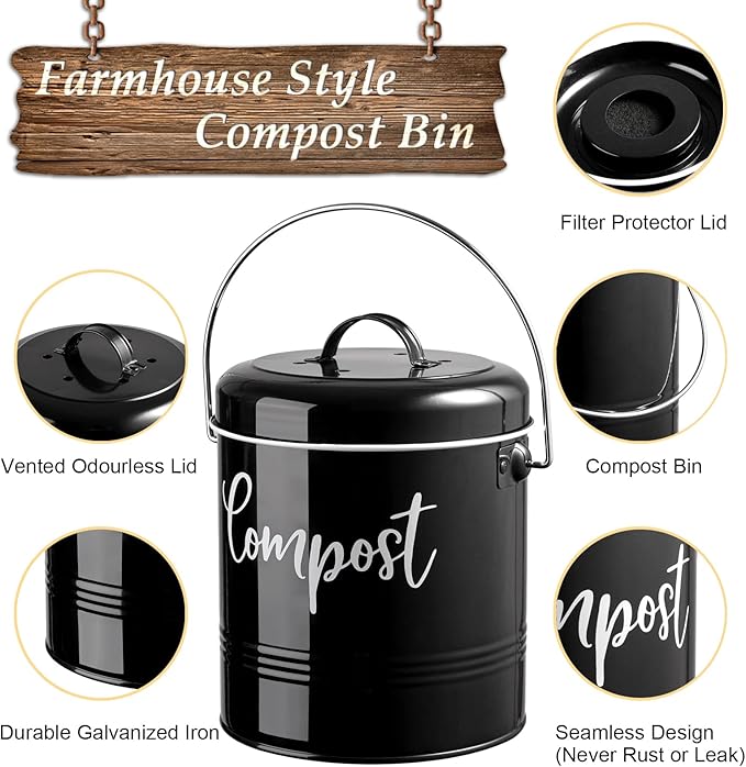DAYYET Compost Bin Kitchen, 1.3 Gallon Farmhouse Kitchen Compost Bin Countertop, Indoor Countertop Compost Bucket with Lid and Charcoal Filters, Black