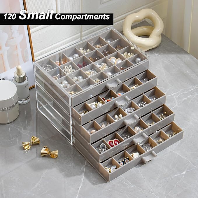YUFONG Earring Storage Box Organizer, Acrylic Jewelry Storage Box Holder 5 Drawers Transparent Jewelry Display Stand with 120 Small Compartments Gift Boxes for Women Girls (Gray)