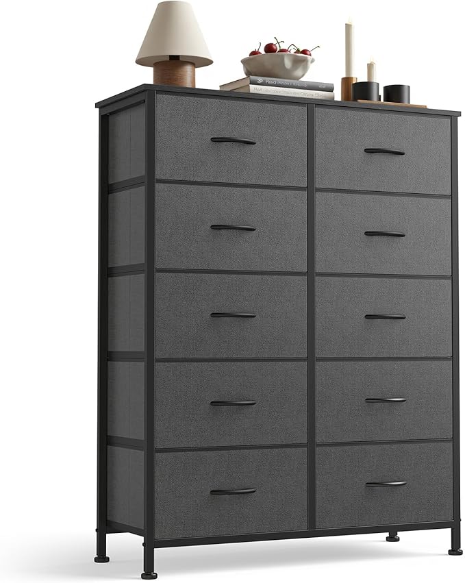 Sweetcrispy 10 Drawer Dresser, Tall Fabric Dresser for Bedroom, Storage Tower with Bins Chest Organizer Unit for Closet, Hallway, Steel Frame Wood Top, Easy Pull Handle, Grey