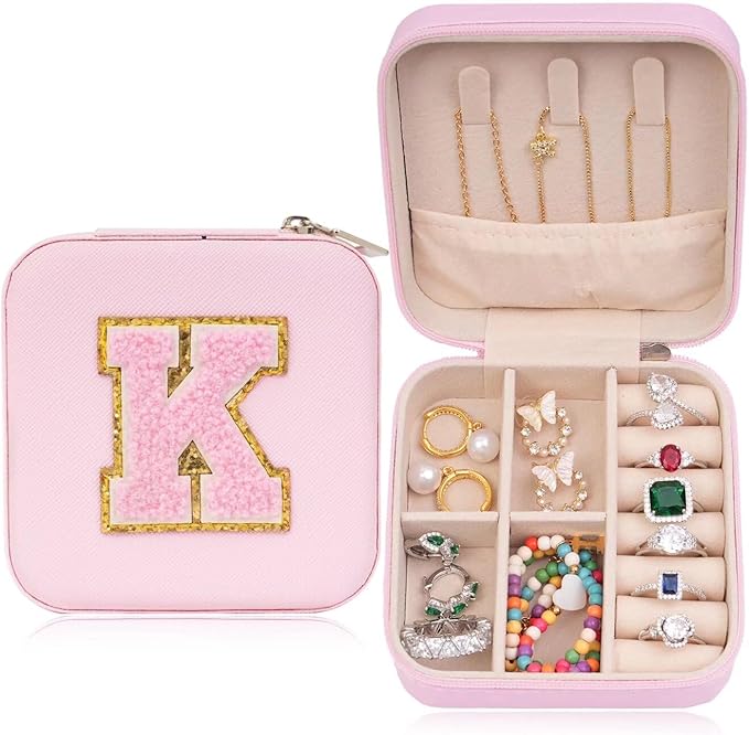 ETHOON Jewelry Travel Case Small Organizer Stocking Box Personalized Gifts Teenage Jewelry Accessories Holiday Wedding Christmas Gift for Women Pink, Letter K