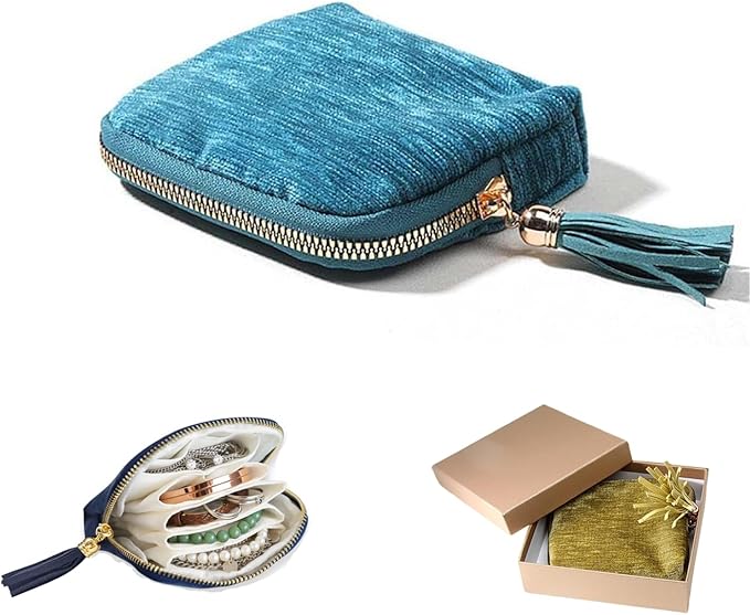 Travel Jewelry Case Organizer for Women - Portable Jewelry Box with 5 Small Pouches, Multi-Compartment Design for Secure Storage, Ideal for Travel, Daily Use (Light blue)