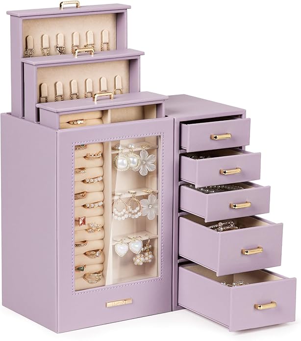 Homde Large Jewelry Box/Organizer/Case with Glass Window, Drawers for Necklaces Earrings Rings Bracelets Watches Gift for Women Girls
