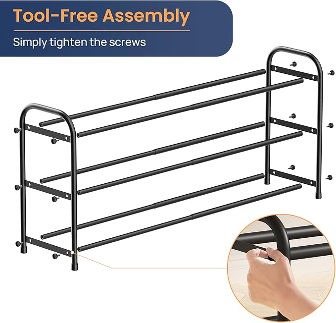 ENJOYBASICS 3 Tier Expandable Shoe Rack for Closet, Free Standing Metal Shoe Shelf Storage Organizer Holder 12 Pairs, Adjustable Width Shoe Rack for Entryway Small Space, Black | Adjustable, for Closet, Shoe Rack Storage, for Small Space, Entryway