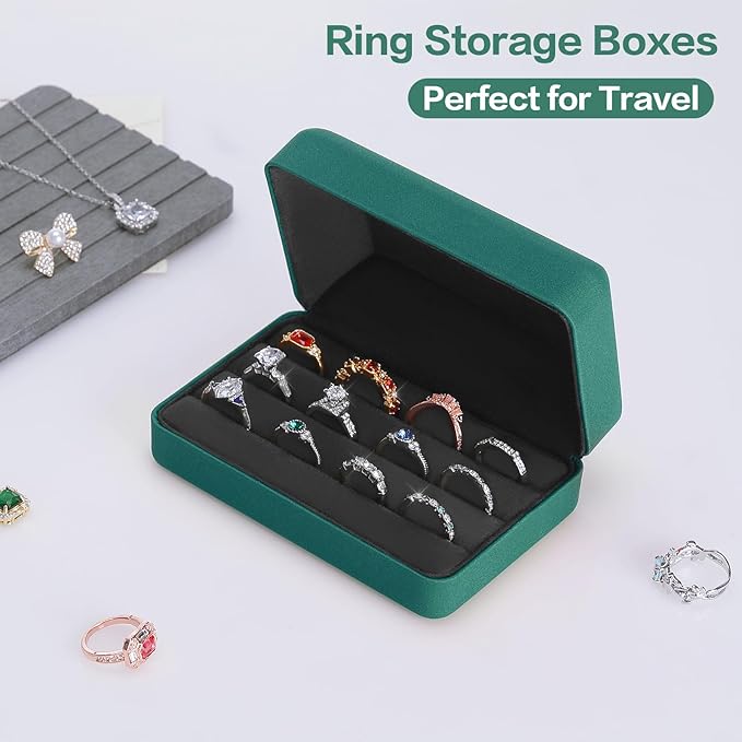 KUKUVR Velet Ring Storage Box, Travel Jewelry Case with 3 Slot Ring Display Organizer (Green)