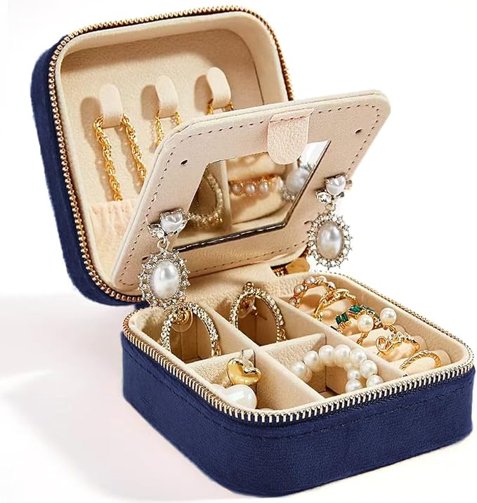 Smileshe Travel Velvet Jewelry Box with Mirror, Mini Gifts Case for Women Girls, Small Portable Organizer Boxes for Rings Earrings Necklaces Bracelets
