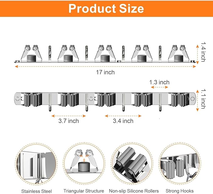 CUXIXA Broom and Mop Organizer Wall Hanging, Upgraded Mop and Broom Holder Wall Mount, Stainless Steel Broom Hanger Wall Mount for Laundry Room Organization and Storage（5 Racks with 4 Hooks）