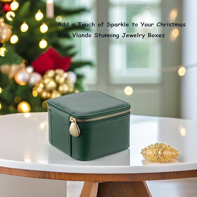 VLANDO Travel Jewelry Box Organizer – Portable PU Leather Jewelry Case with 6/8/12 Zippered Pouches, Compact Storage for Earrings Rings Necklaces Bracelets, Dark Green