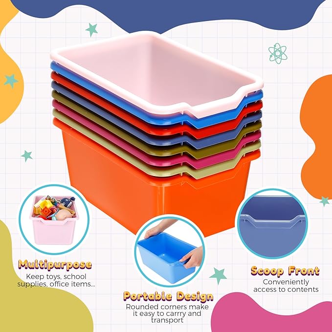 Dandat 16 Pcs Plastic Book Bins for Classroom Library Cubby Bins Scoop Front Stackable Toy Storage Tubs Containers for School Office Home Nursery Playroom Organization(Vintage Color)