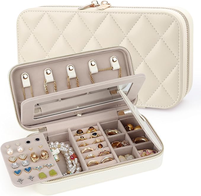 Travel Jewelry Case with Mirror, Quilted Small Jewelry Box Organizer for Women Girls, Portable Earring Necklace Bracelet Ring Holder Storage for Travel Weekend Trips (Beige)