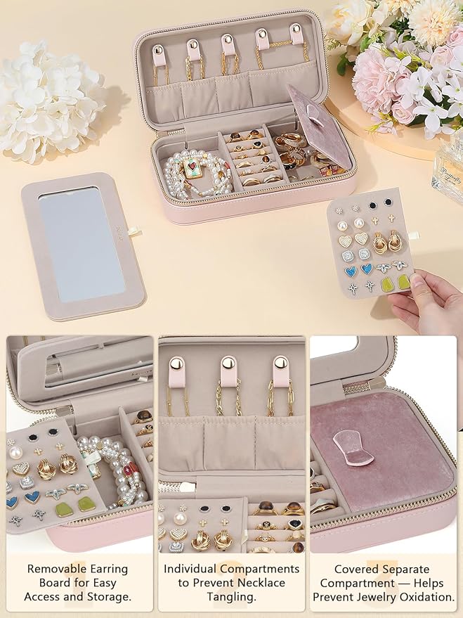 Travel Jewelry Case with Mirror, Quilted Small Jewelry Box Organizer for Women Girls, Portable Earring Necklace Bracelet Ring Holder Storage for Travel Weekend Trips (Blush Pink)