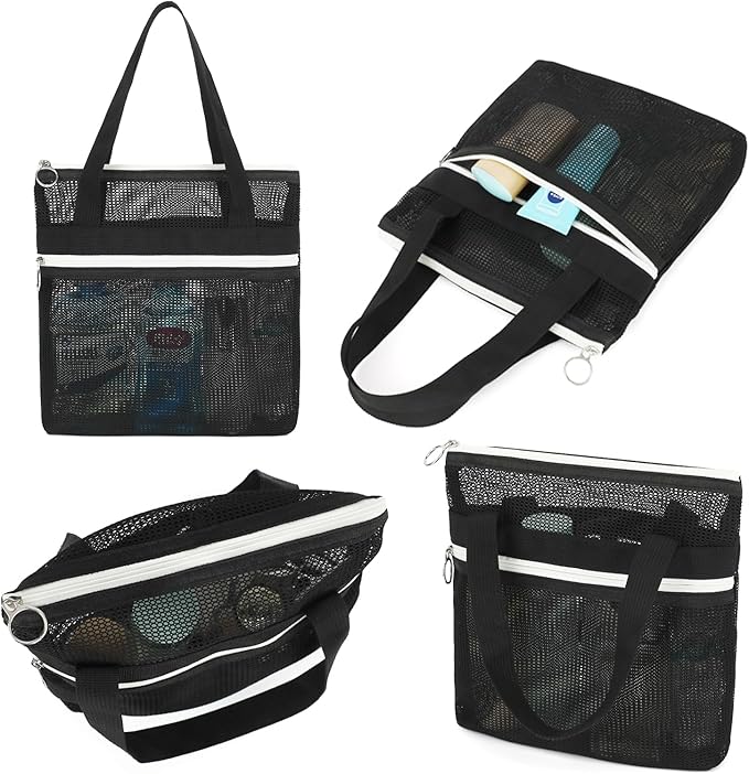 Fammart Mesh Shower Caddy Portable with Zipper & 2 Pockets - Quick Dry Shower Bag Toiletry Tote Hanging for Travel Gym Camp Beach - Organizer Bag Bathroom Essentials for College Dorm