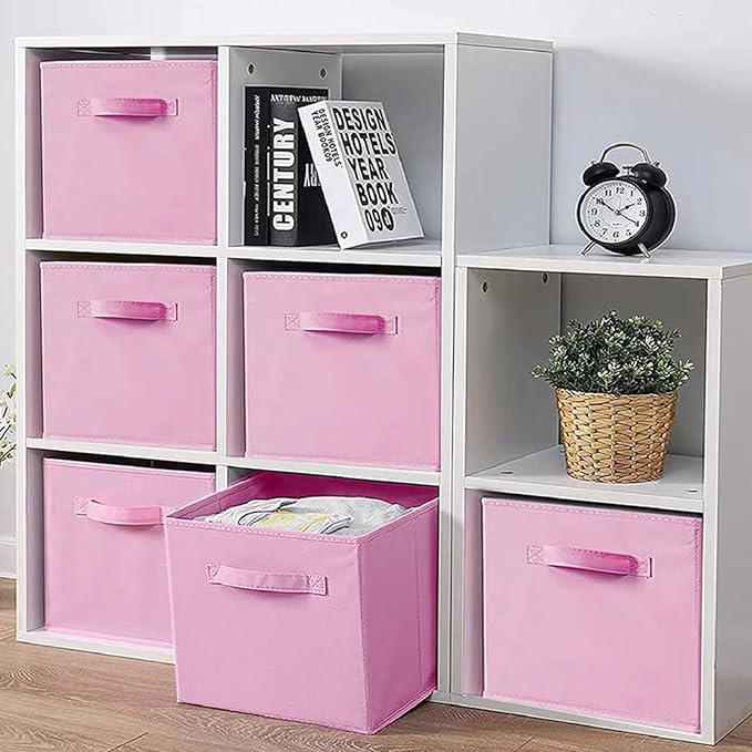 EBIGIC Storage bins collapsible storage bins,cube storage organizer （Pack of 3） 10.5 * 10.5 * 11 inch,For home and office Collapsible Closet Shelf Organizers, Drawer Organizers(Pink)