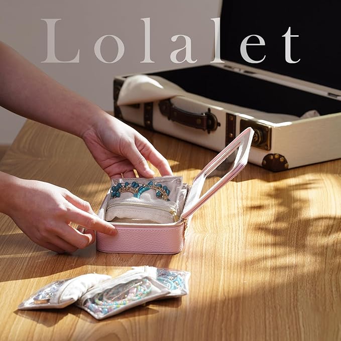 Lolalet 8 in 1 Travel Jewelry Case with Velvet Pouches, Clear Window Travel Jewelry Organizer Bags for Earrings, Bracelets, Necklaces and Rings, Compact Jewelry Storage for Women Girls -Pink, 7PCS