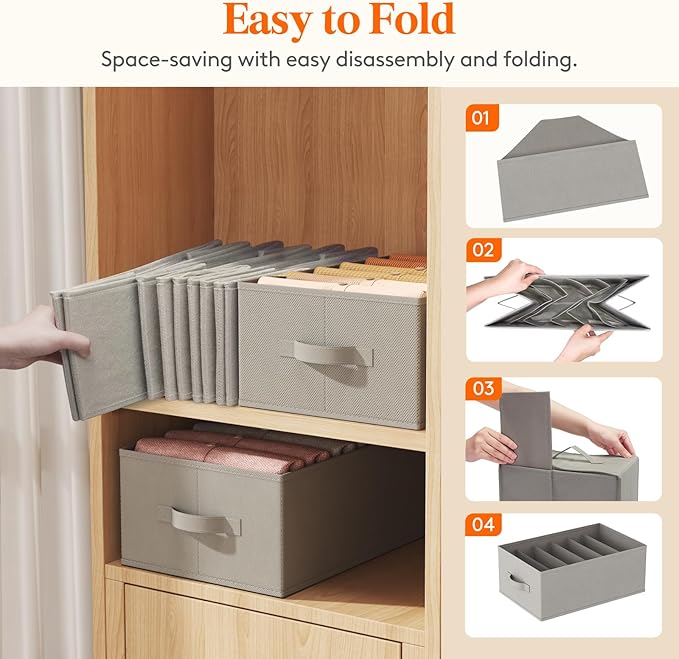 Lifewit 9 Pack Clothes Organizer, 6 Grids Closet Jean Storage Bins with Handles and Support Boards, Foldable Drawer Organizer for Sweater, Pants, T-shirt, Dress, Grey, Size 16.5''x10.6''x7.1''