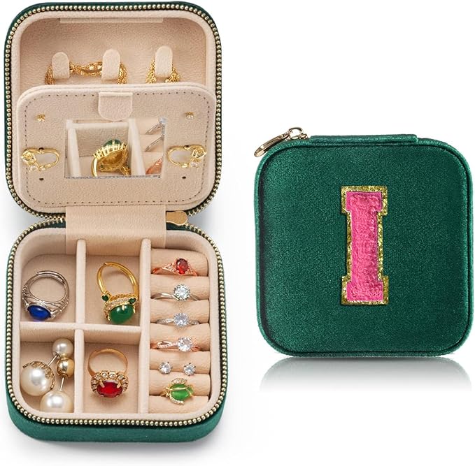 Personalized Velvet Travel Jewelry Case Box For Women Ring Necklace Earring Holder Organizer with Mirror Green Girls Box Birthday Gifts Mom Initial I