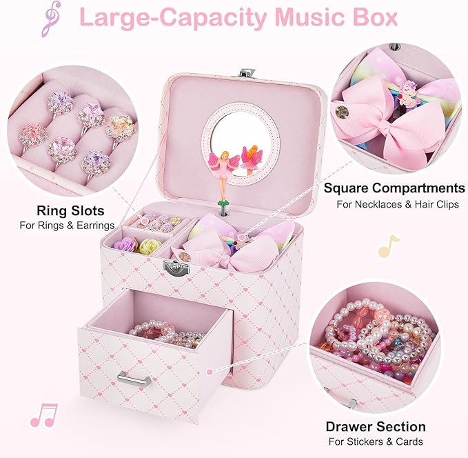 Basumee Musical Jewelry Box for Girls PU Leather Music Box with Drawer Large Kids Jewelry Organizer with Unicorn/Ballerina Jewelry Storage for Little Girls Ages 3–10, Birthday & Holiday Present