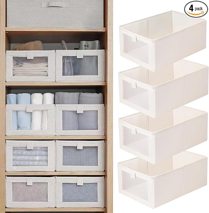 Pradnel Linen Closet Organizers And Storage, 4 Pack Storage Bins Baskets for Organization Foldable Organizer with Clear Window Organizing Clothing, Jeans, Shelves