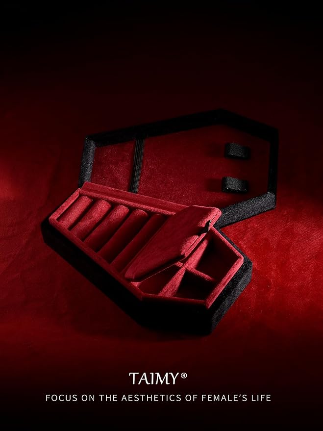 TAIMY Coffin Jewelry Box, Mini Coffin Shaped Gothic Jewelry Case, Plush Velvet Small Jewelry Organizer for Earrings Rings Necklaces Bracelets(Black-Red)