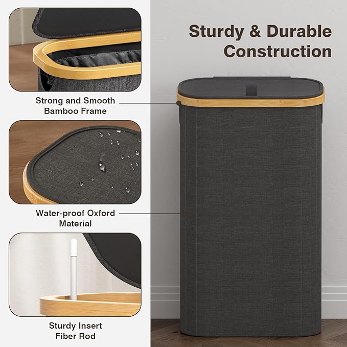 Bathola 75L Slim Laundry Hamper with Lid, Dirty Clothes Hampers for Laundry, Collapsible Laundry Baskets for Small Spaces, Bedroom, Bathroom, Laundry Room, Dark Grey