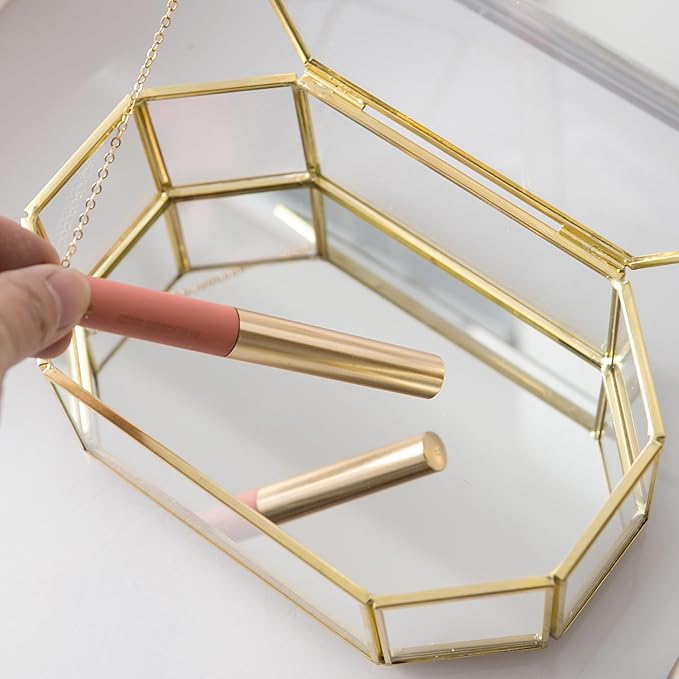 Glass Keepsake Organizer - Vintage Octagon Lidded Gold Home Decor Accent Box for Storage Rings, Bracelets
