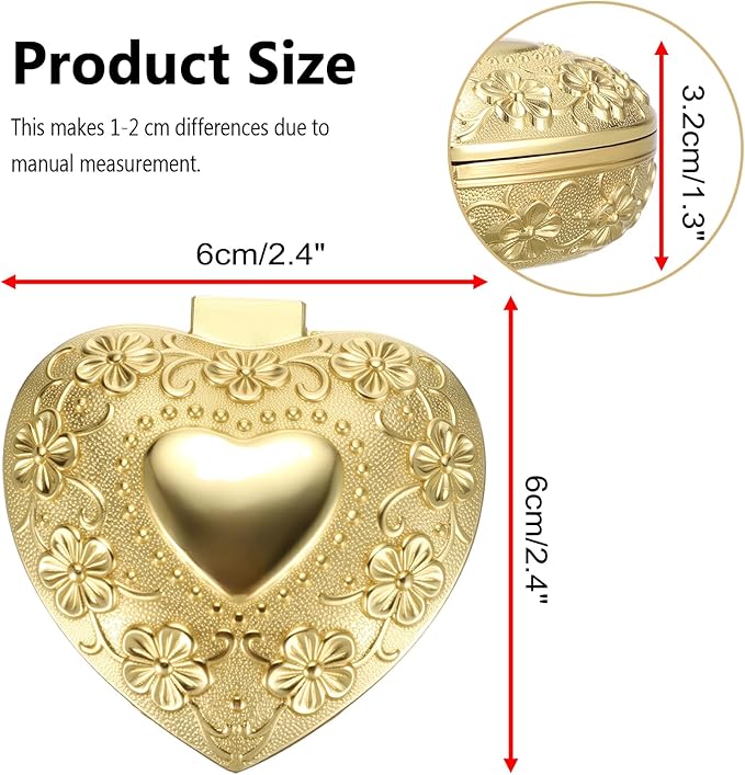 Hipiwe Vintage Jewelry Box Heart Shape Trinket Chest Metal Gold Treasure Storage Case for Rings Earrings Necklace Keepsake Organizer Gift for Woman