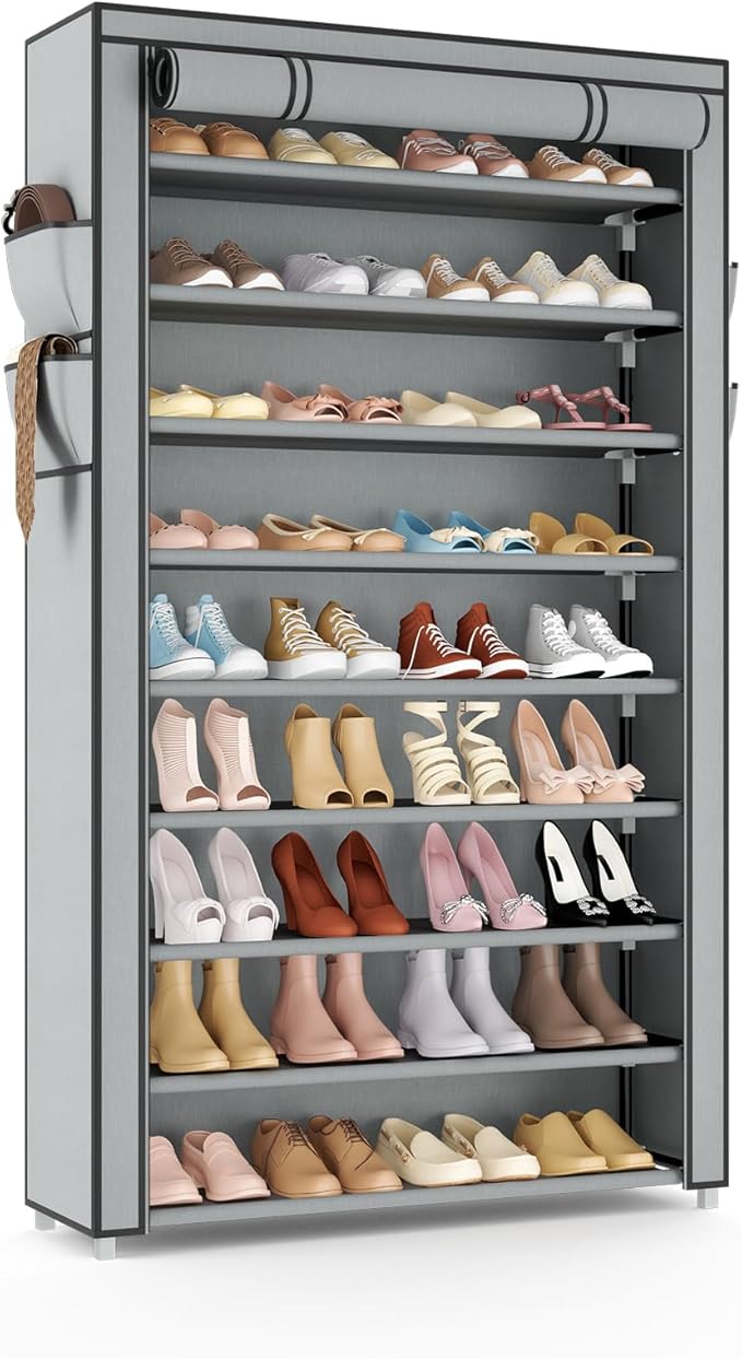 VILICK Shoe Rack with Cover Narrow Shoe Organizer with Pockets 10 Tier Tall Shoe Storage Holds 36-41 Pairs Shoes and Boots Shoe Rack for Closet Entryway Garage, Grey