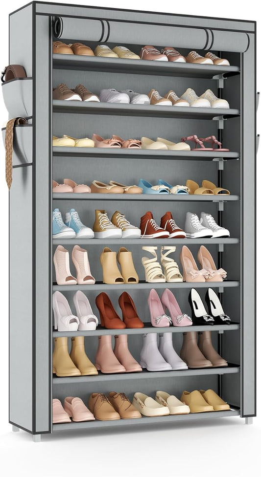 VILICK Shoe Rack with Cover Narrow Shoe Organizer with Pockets 10 Tier Tall Shoe Storage Holds 36-41 Pairs Shoes and Boots Shoe Rack for Closet Entryway Garage, Grey