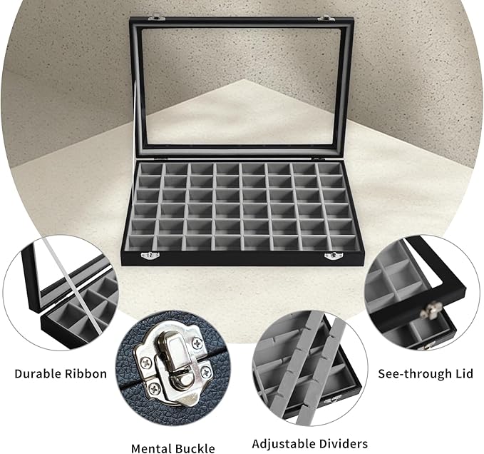 Stratalife Jewelry Organizer 48 Grid Jewelry Tray with Clear Lid Dust-proof Velvet Earring Organizer Necklace Rings Holder Display Drawer Storage Case for Women Gray Black