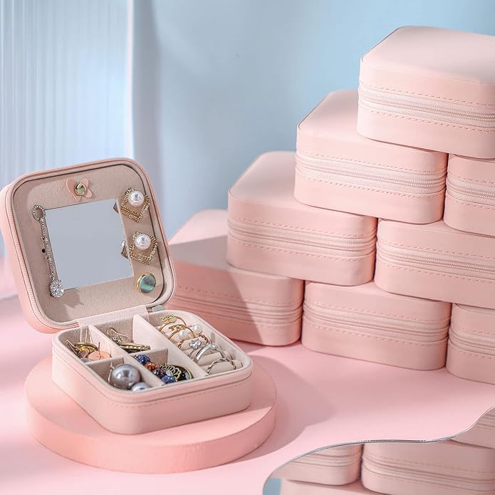 Hillban Bridesmaid Gifts Jewelry Box with Mirror, PU Leather Small Travel Jewelry Case Organizer Storage for Women Girls