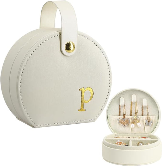 COLLECTIVE HOME - Travel Jewelry Case, Elegant Half-Moon Design with Gold Monogram, Detachable Handle, Personalized Accessory Organizer, Gift for Fashion-Forward Women and Teens (p)