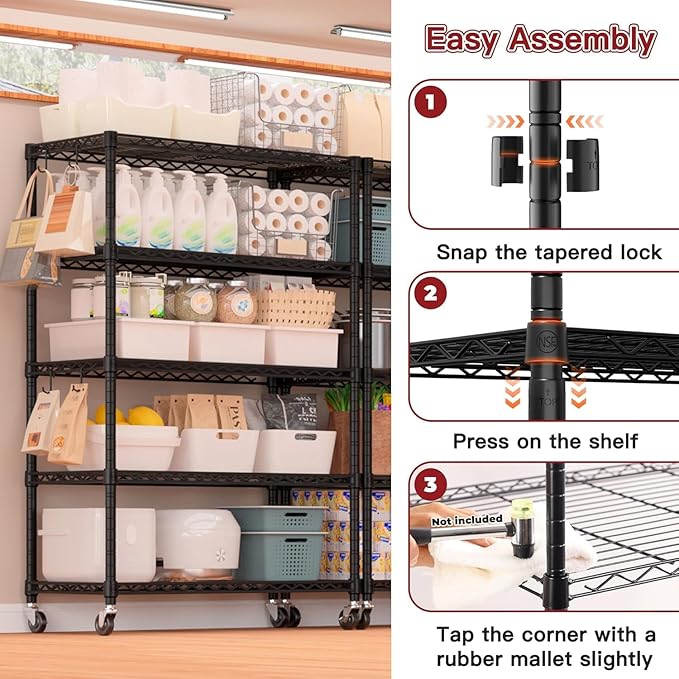 PrimeZone 74''H Wire Shelving 1250lbs 5 Tier Storage Shelves with Wheels NSF Certified Heavy Duty Steel Metal Shelf Adjustable Rolling Rack Kitchen Garage Closet Pantry 4pcs 74''HX36''WX14''D 4pcs
