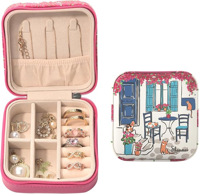 shunmei Mini Travel Jewelry Box,PU Leather Portable Jewelry Organizer Case,Art Accessories Storage Holder Boxes for Earring, Necklace, Rings, Bracelets (Four Cats)