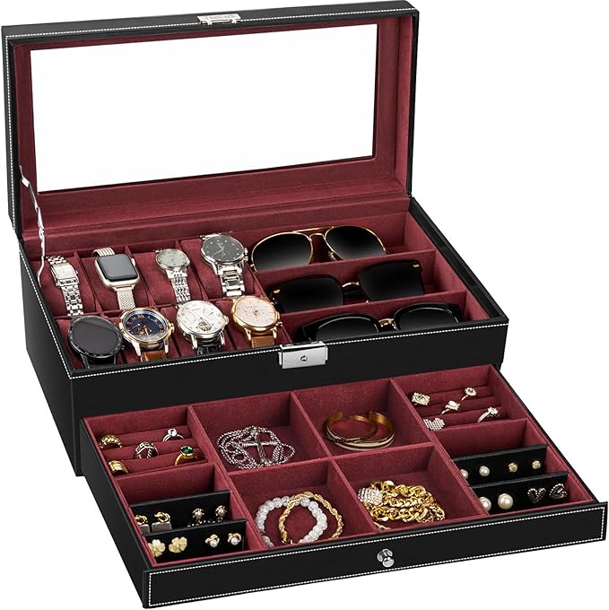 TomCare Watch Box 2-Tier Watch Case Jewelry Organizer Box with Thick Glass Lid Lockable Watch Organizer Jewelry Display Holder Sunglass Rings Necklaces Bracelets Storage Organizer for Men Women
