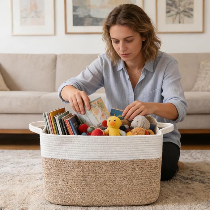 96L Large Blanket Basket,24"x16"x15"Rectangle Storage Bin with Handles,Woven Rope Laundry Basket for Toys, Clothes,Magazines,Home Organization,Nursery,Living Room & Bedroom,White & Brown