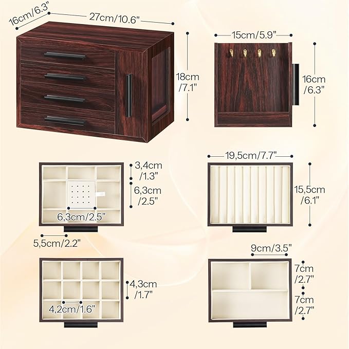 HOOBRO Jewelry Box for Women, Wooden Jewelry Organizer with Transparent Window, 4-Layer Jewelry Organizer Box, Jewelry Holder Organizer for Earrings, Necklaces, Rings, Dark Walnut and Black BRT09JB04